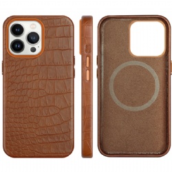 Genuine Cowhide Leather Phone Case, Crocodile Pattern Magnetic Full Edge Coverage Protective Cover for iPhone 12 13 14 15 16 17